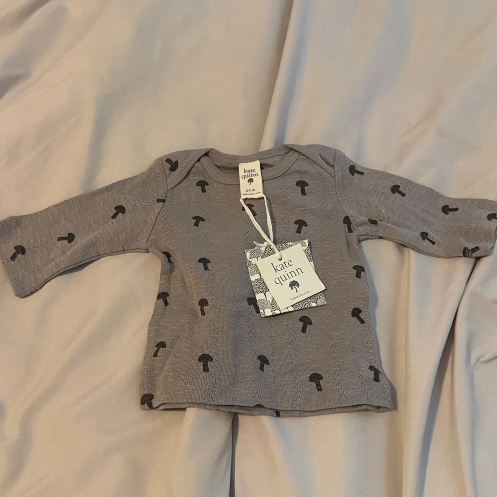 Kate Quinn Gray Baby Shirt with Black Mushroom Design
